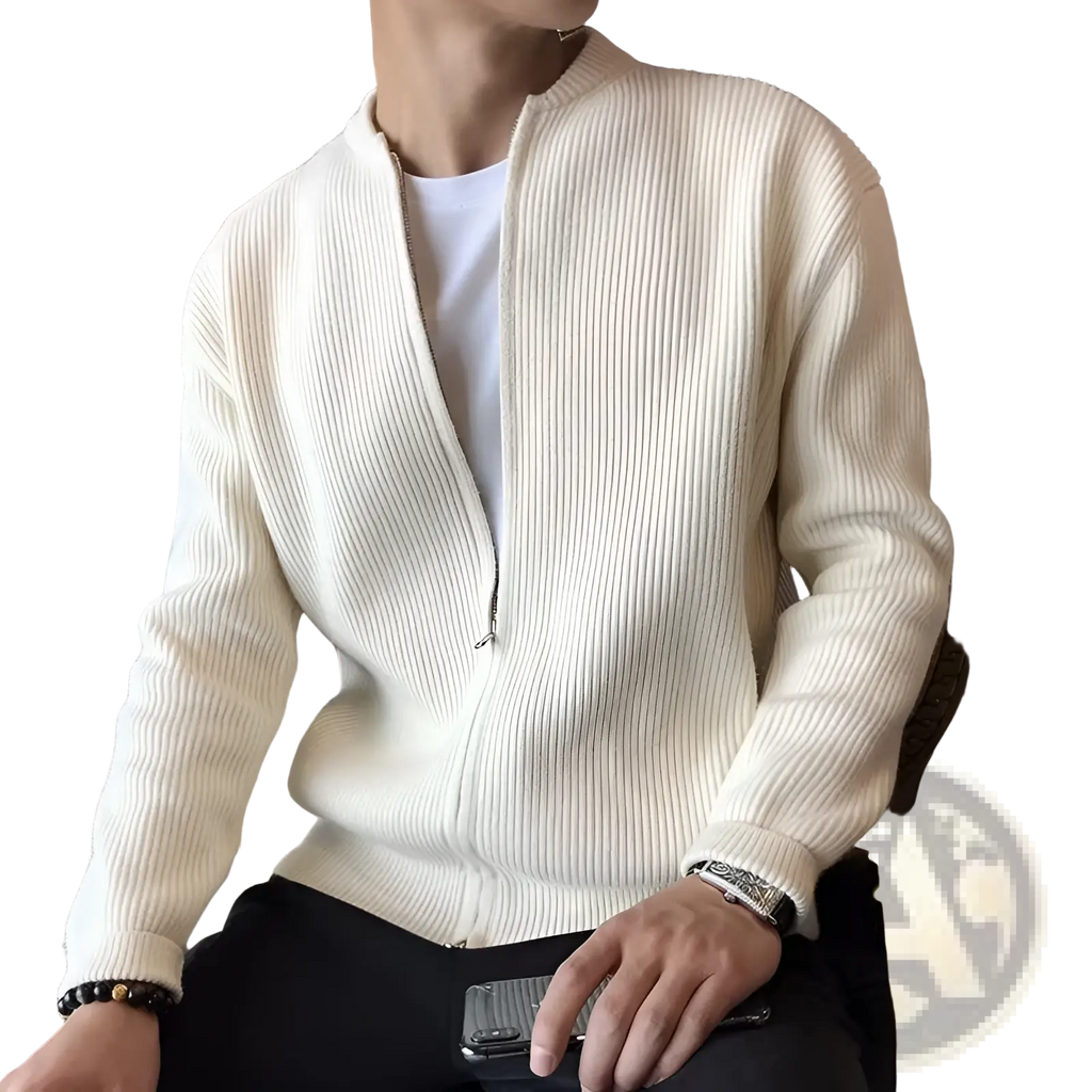 Men’s cream-colored slim fit ribbed knit zip-up cardigan sweater with crew neck and long sleeves