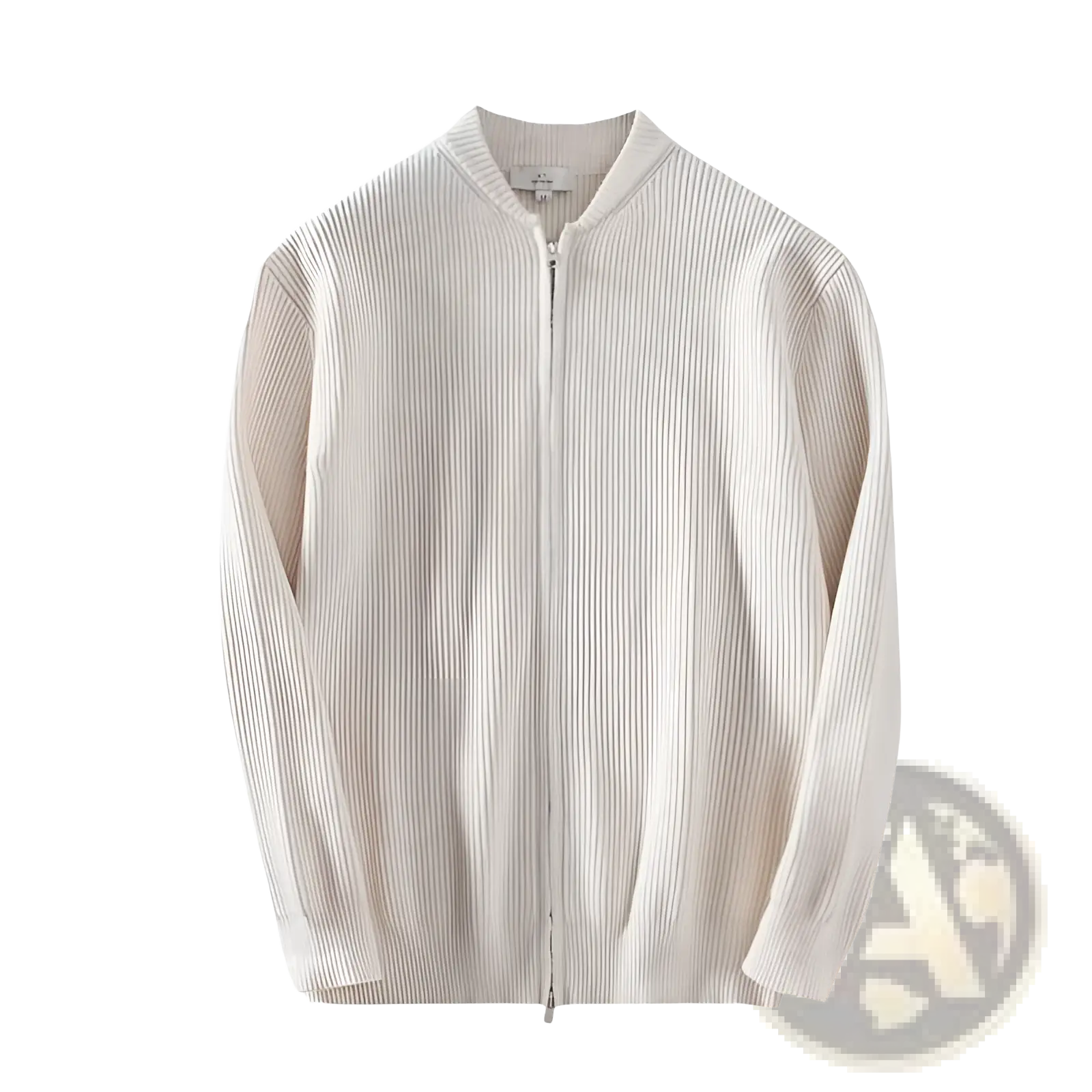Men’s slim fit cream-colored ribbed knit bomber jacket with full-length zipper and stand-up collar