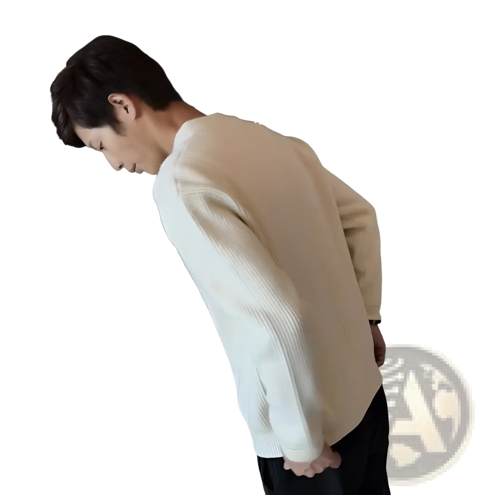 Men’s slim fit cream-colored ribbed knit sweater with classic crew neck and long sleeves