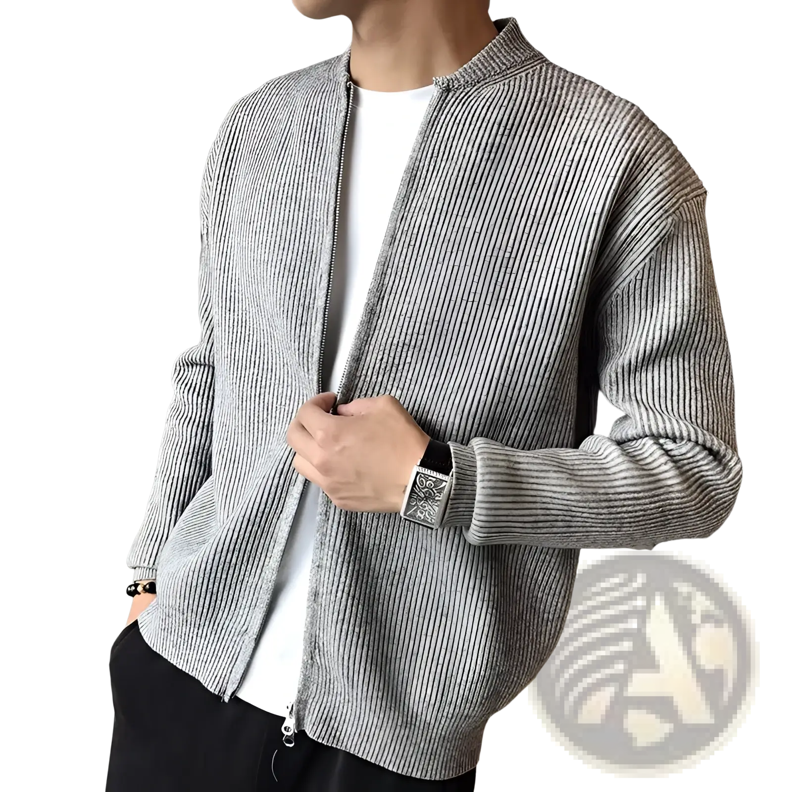 Gray ribbed knit bomber jacket with full-length zipper and stand-up collar in men’s slim fit knitted zip cardigan style