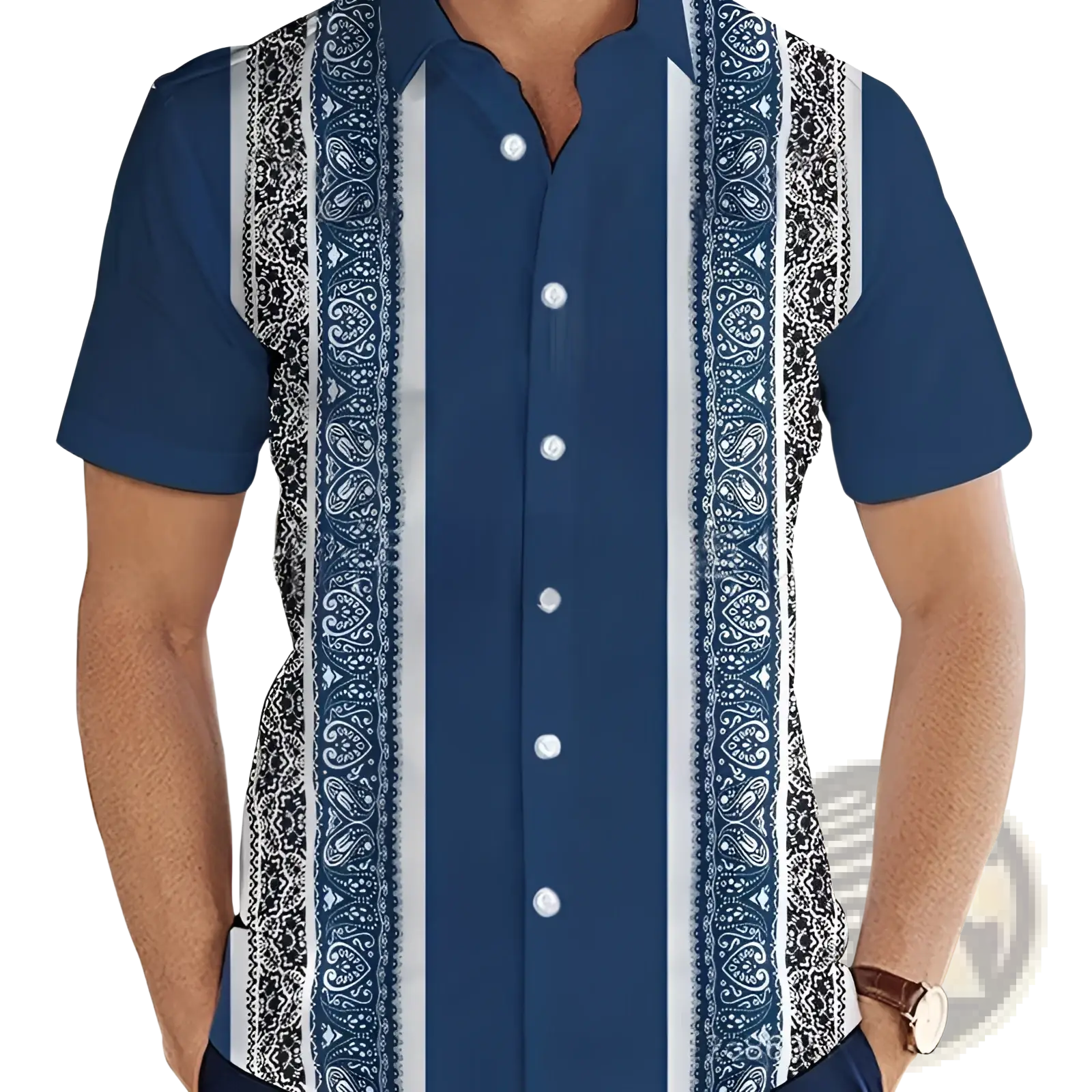 Men’s slim fit Korean style short sleeve navy blue shirt with white stripes and black and white paisley patterns