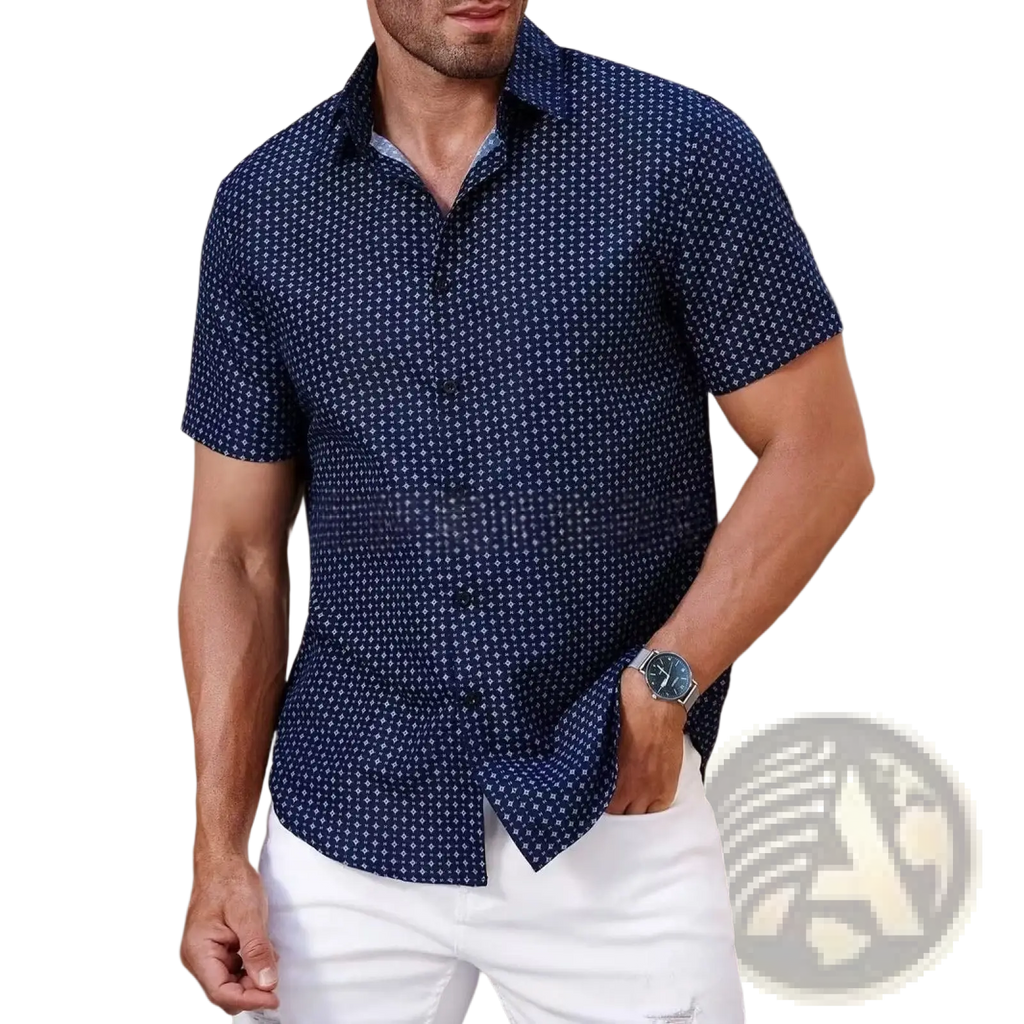 Men’s slim fit Korean style navy blue short sleeve button-up shirt with subtle white geometric summer print design