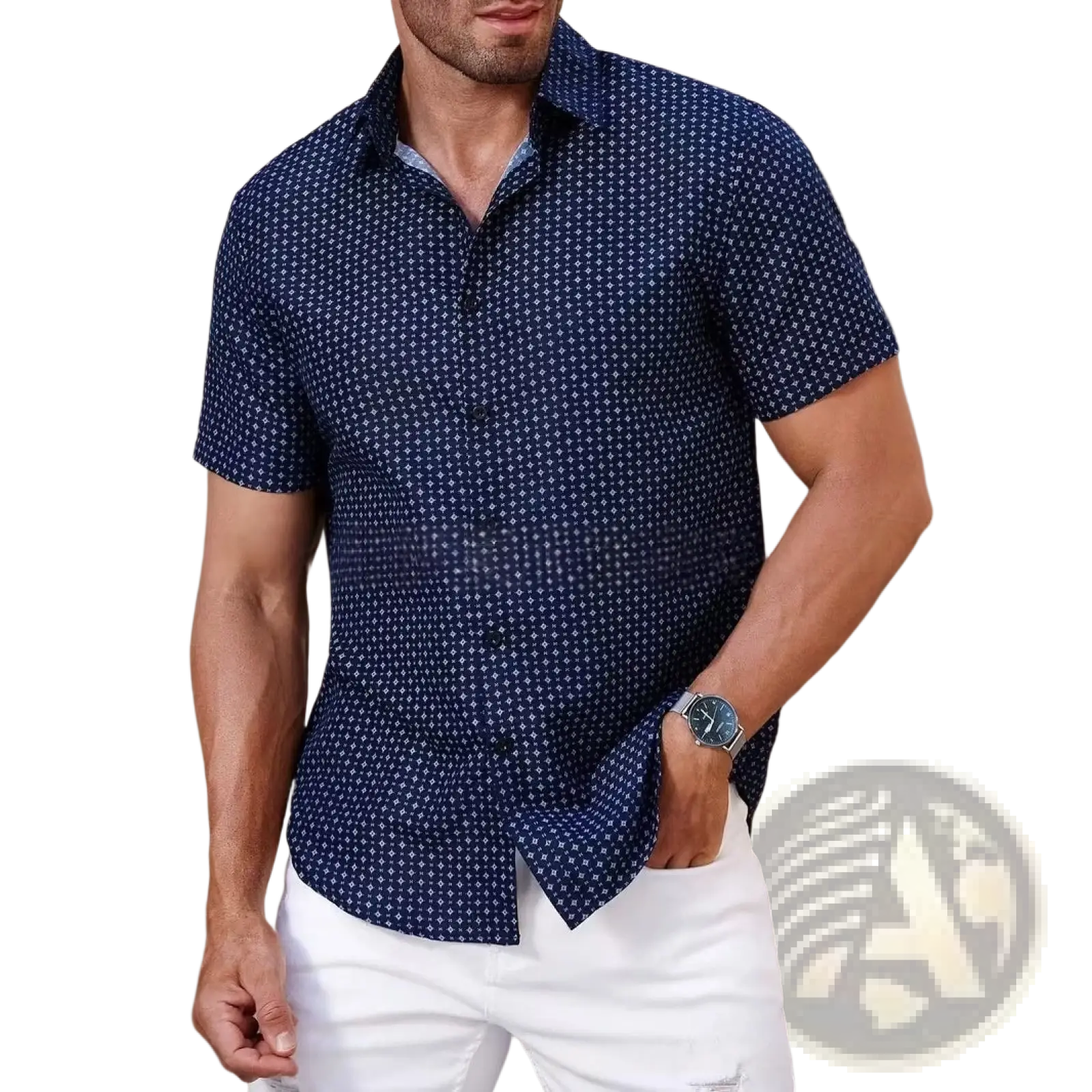 Men’s slim fit Korean style navy blue short sleeve button-up shirt with subtle white geometric summer print design
