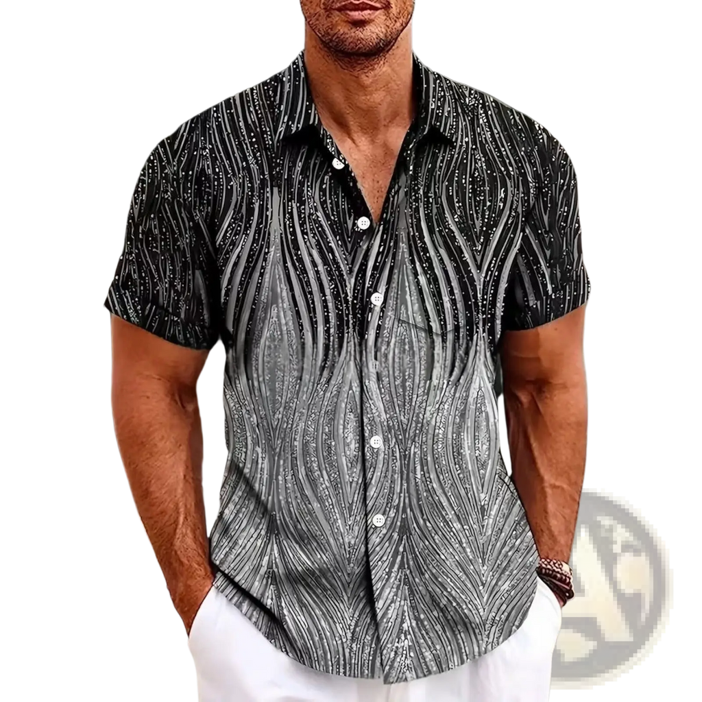 Men’s slim fit Korean style short sleeve summer shirt in black and silver with a flowing wave-like pattern