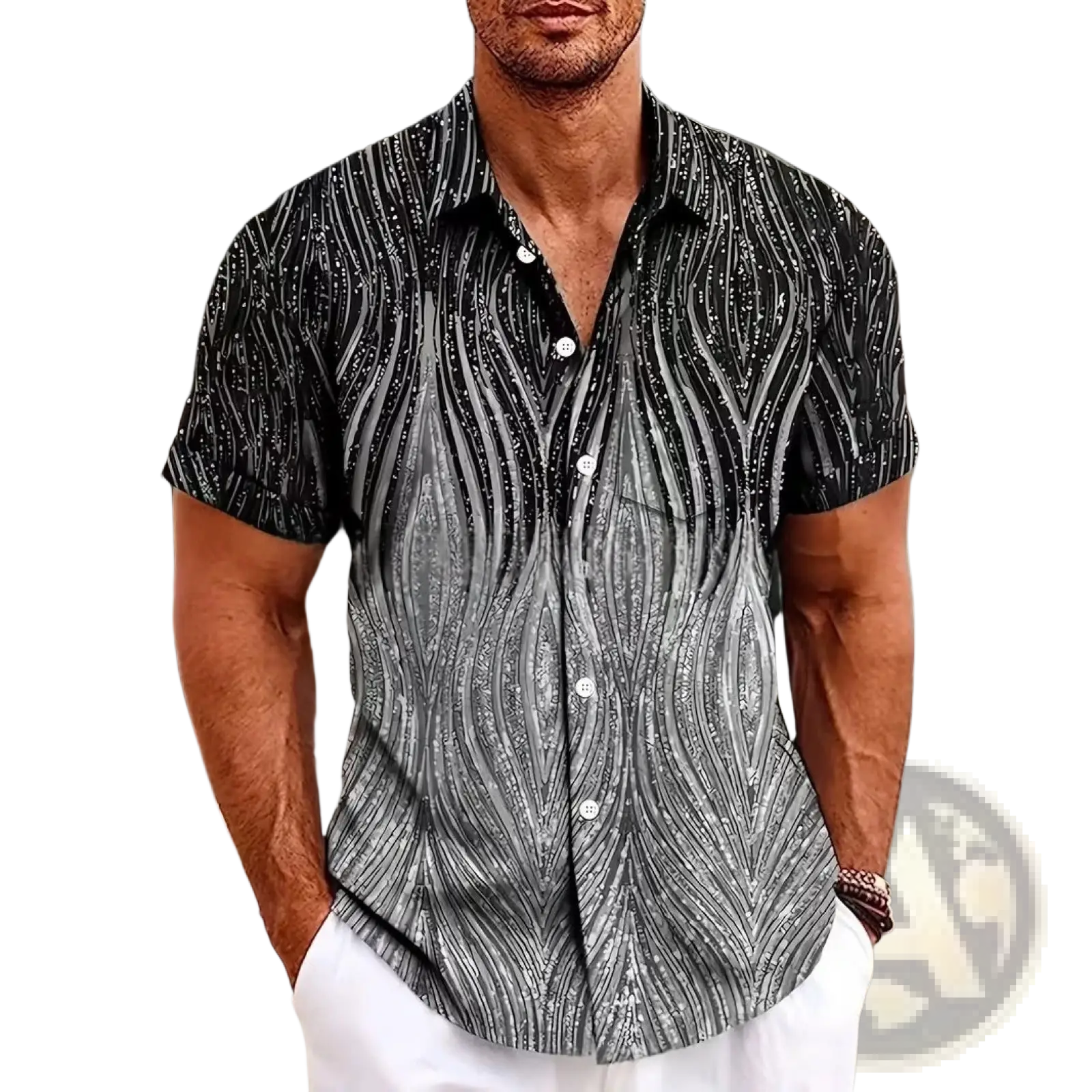 Men’s slim fit Korean style short sleeve summer shirt in black and silver with a flowing wave-like pattern