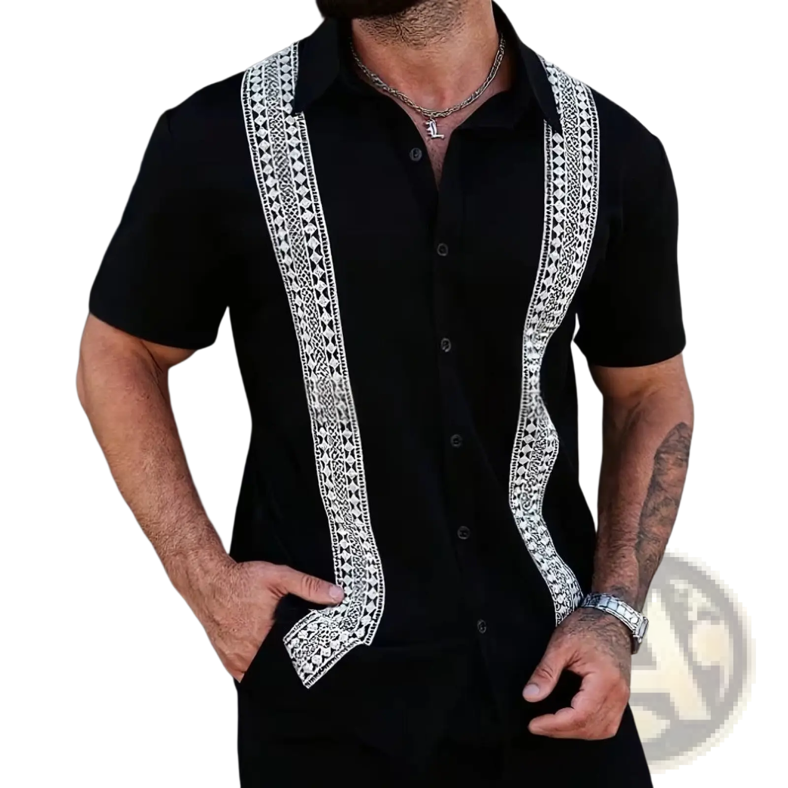Men’s slim fit Korean style black short sleeve shirt with intricate white embroidered trim down the front for summer