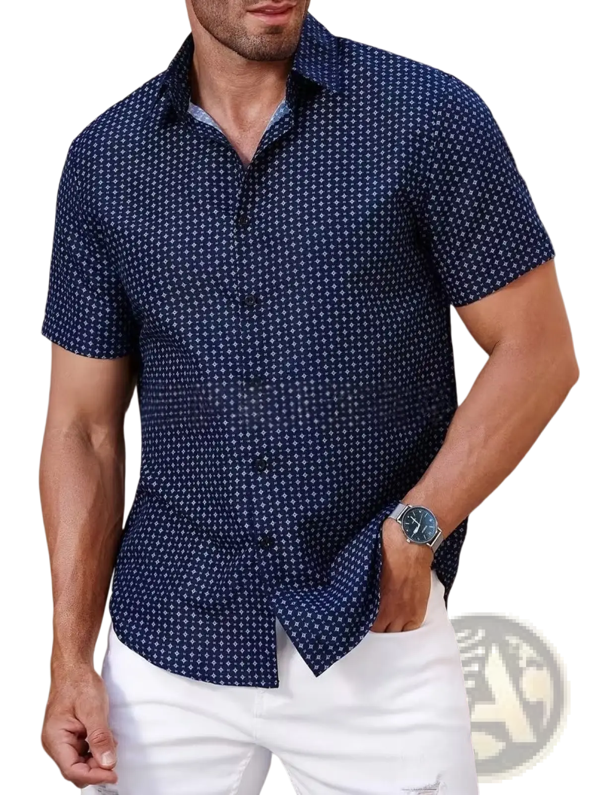 Men’s slim fit Korean style short sleeve navy blue button-down shirt with subtle white geometric pattern for summer wear