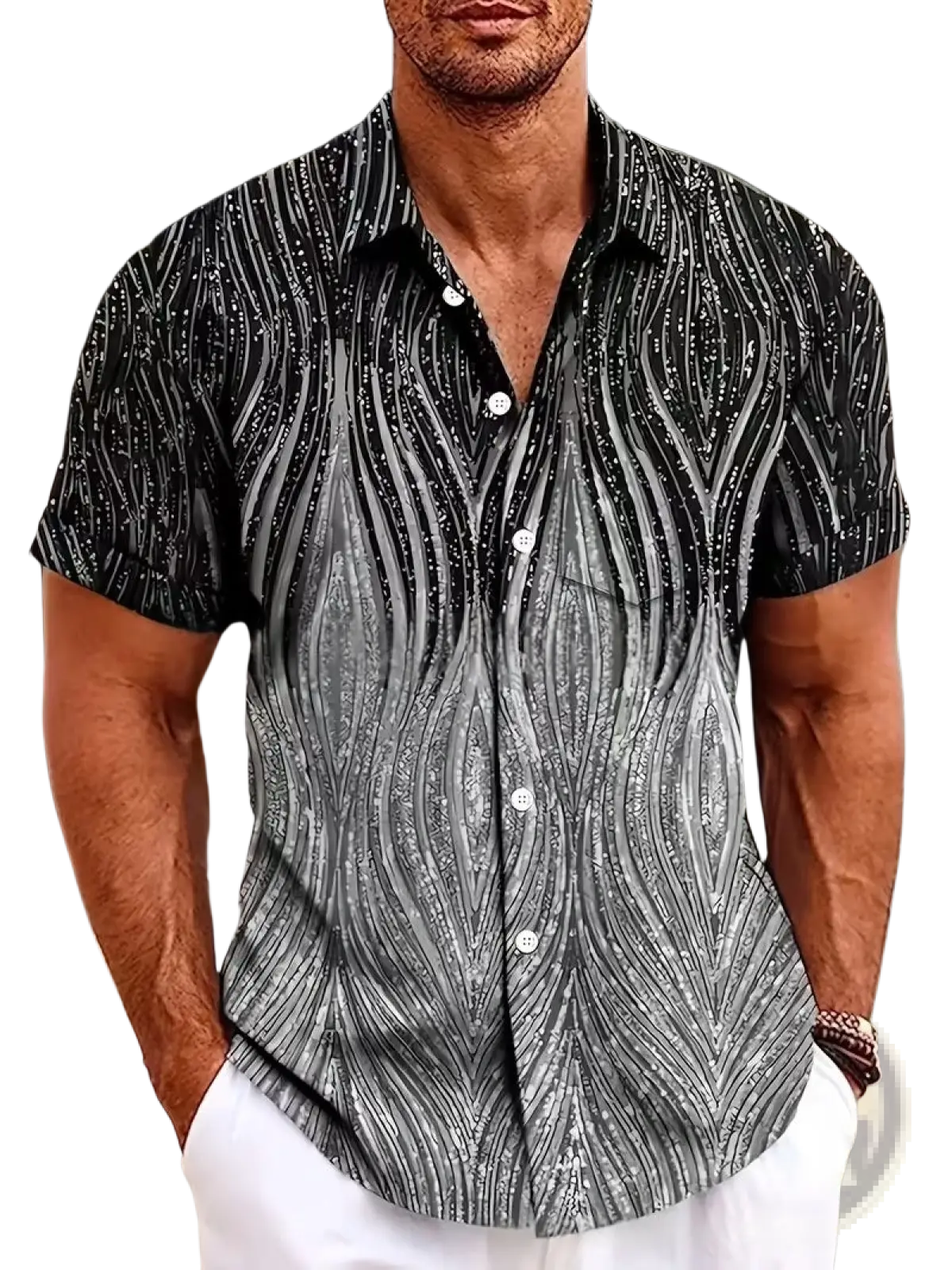 Men’s slim fit Korean style short sleeve black and silver button-up shirt with wave-like printed pattern for summer