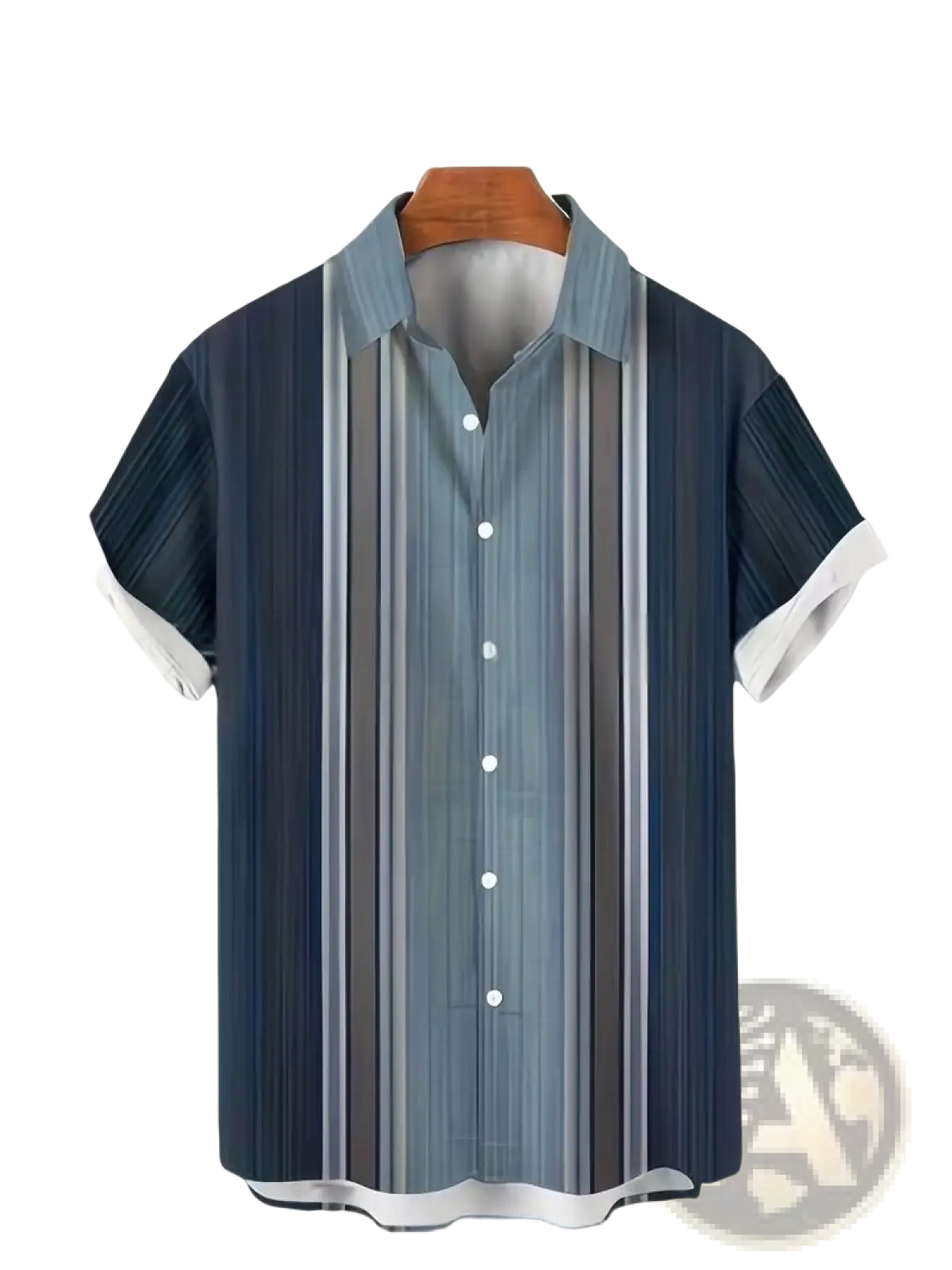 Men’s slim fit Korean style short sleeve button-up shirt with vertical blue gray and white stripes for summer wear