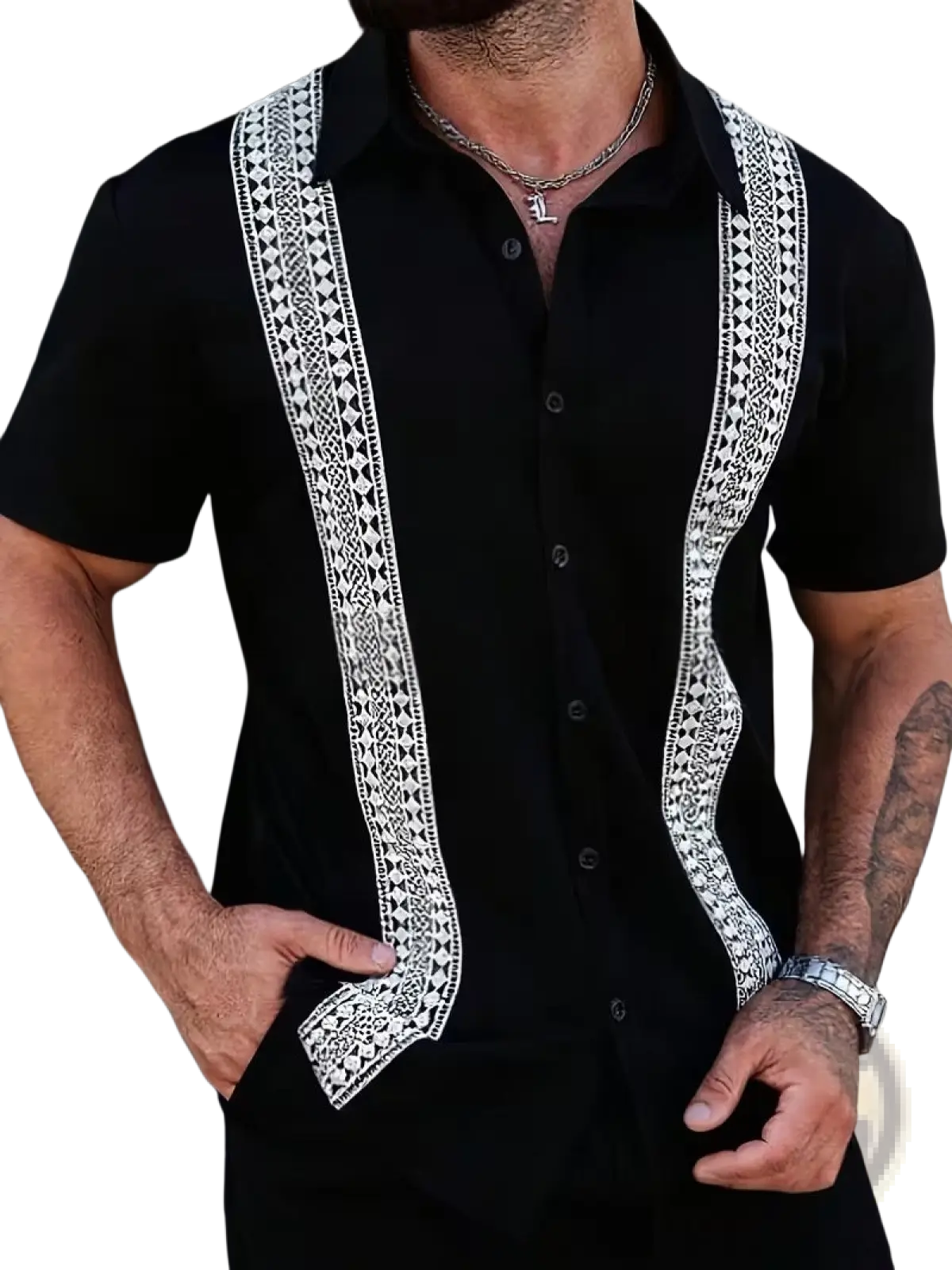 Men’s slim fit Korean style black short-sleeved button-up shirt with white embroidered lace on front placket and collar