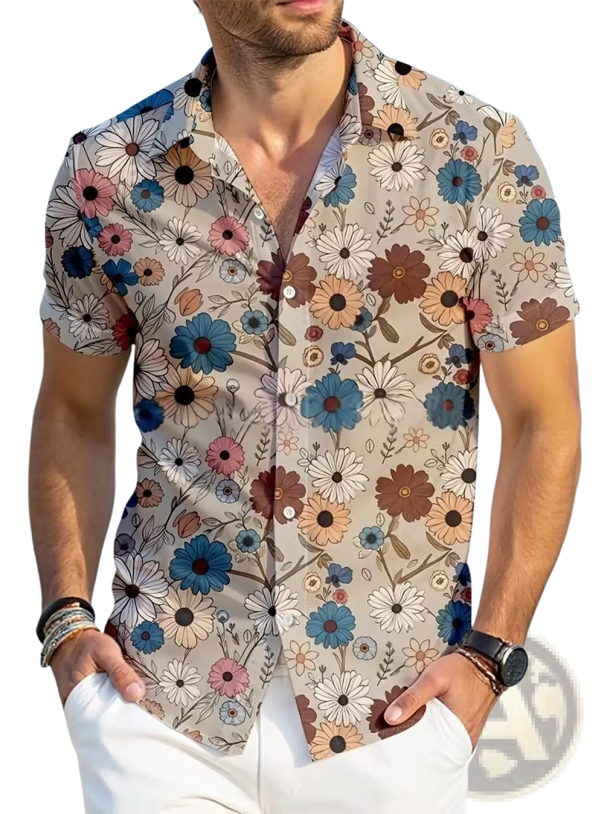 Men’s slim fit Korean style short sleeve shirt with vibrant blue pink brown floral print on beige background