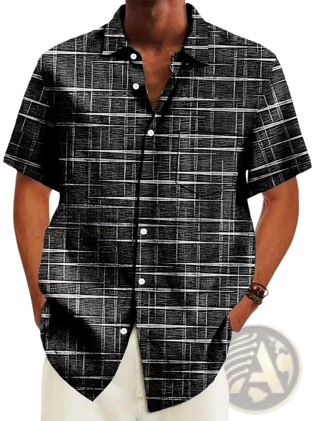 Men’s slim fit Korean style short sleeve black and white button-up shirt with textured grid pattern for summer wear