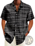 Men’s slim fit Korean style short sleeve black and white button-up shirt with textured grid pattern for summer wear