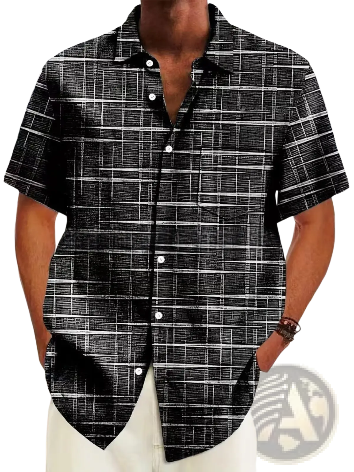 Men’s slim fit Korean style short sleeve black and white button-up shirt with textured grid pattern for summer wear