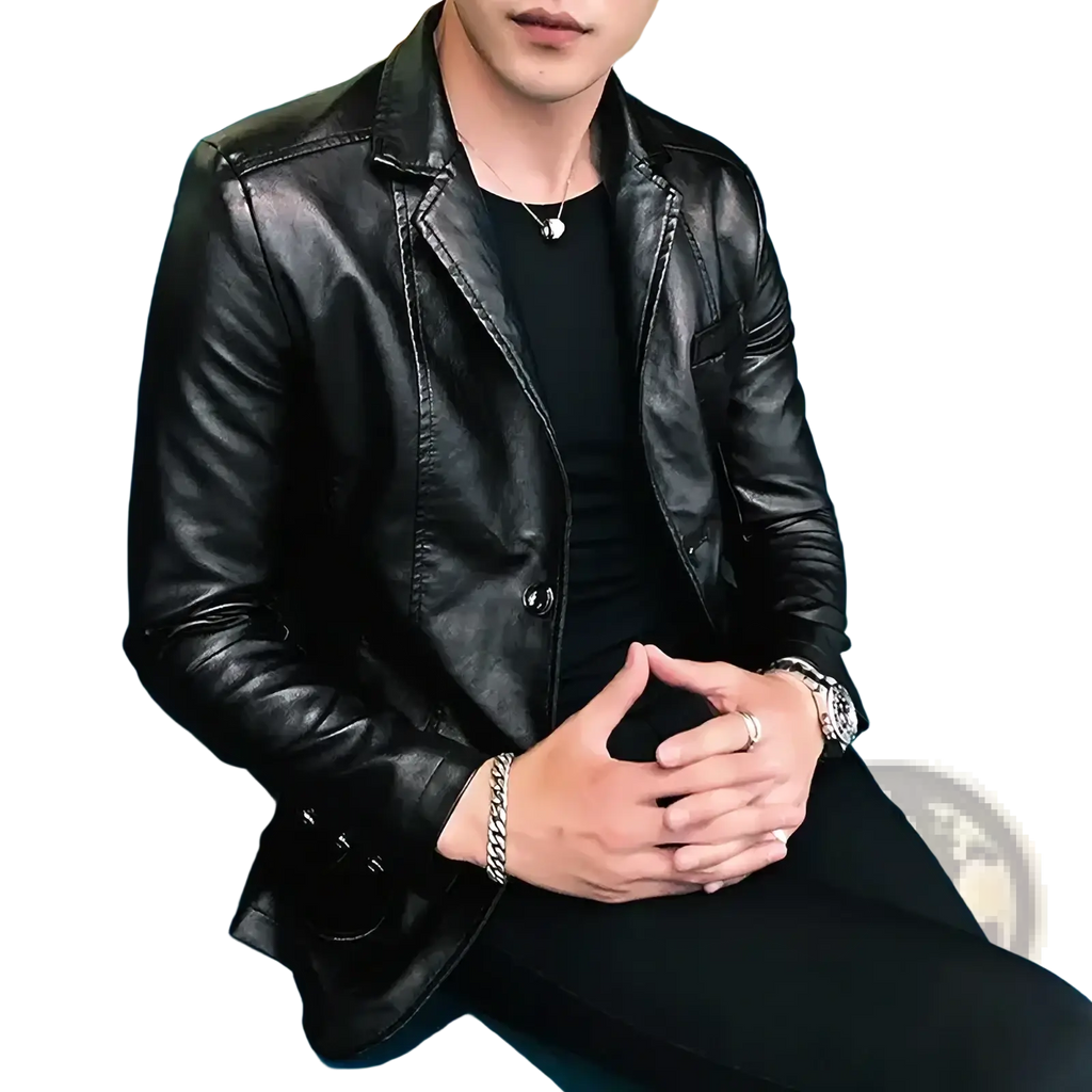 Men’s slim fit black leather blazer jacket featuring a sleek glossy finish and classic button closure