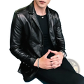 Men’s slim fit black leather blazer jacket featuring a sleek glossy finish and classic button closure
