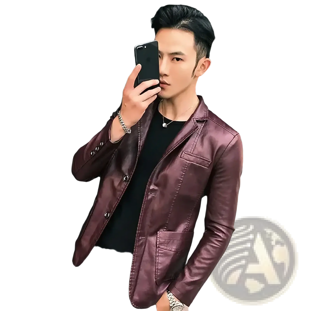 Men’s slim fit leather blazer jacket in sleek burgundy faux leather with glossy finish and subtle stitching details