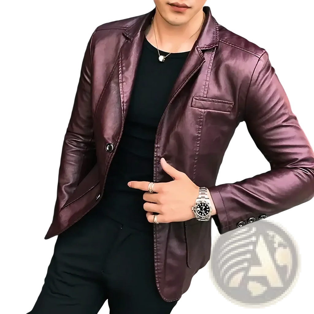 Men’s slim fit burgundy faux leather blazer jacket with modern tailoring and subtle stitching details