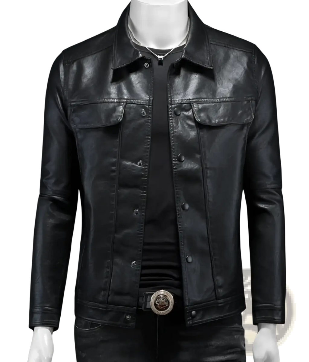Men’s slim fit black faux leather jacket with denim style design and silver-toned buttons in a utility style