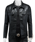 Men’s slim fit black faux leather jacket with denim style design and silver-toned buttons in a utility style