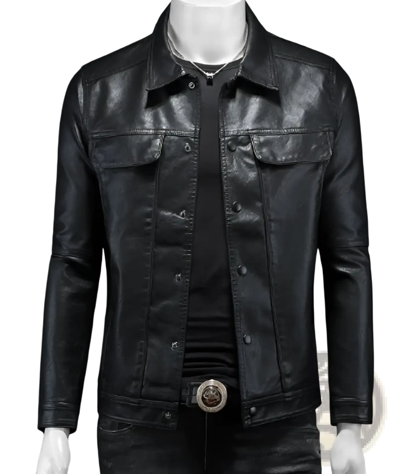 Men’s slim fit black faux leather jacket with denim style design and silver-toned buttons in a utility style
