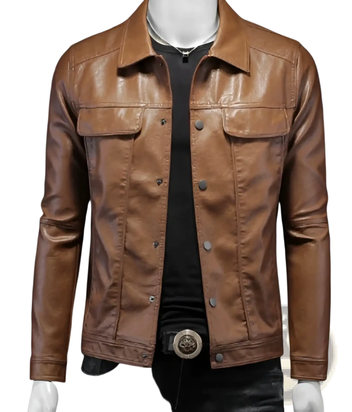 Men’s slim fit brown leather denim style utility jacket featuring a classic design with silver buttons
