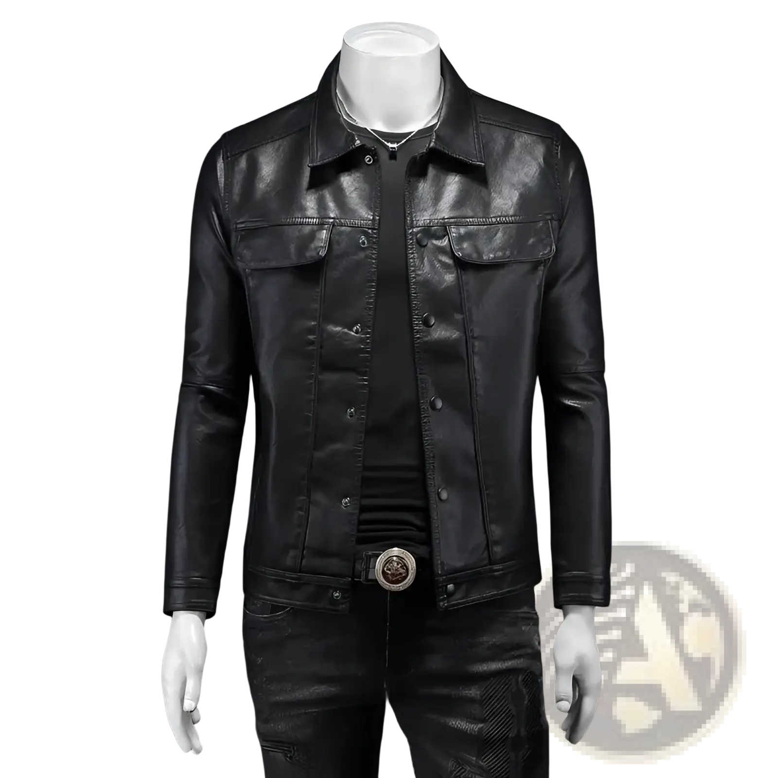 Men’s slim fit black leather denim style utility jacket with classic collar and two chest pockets