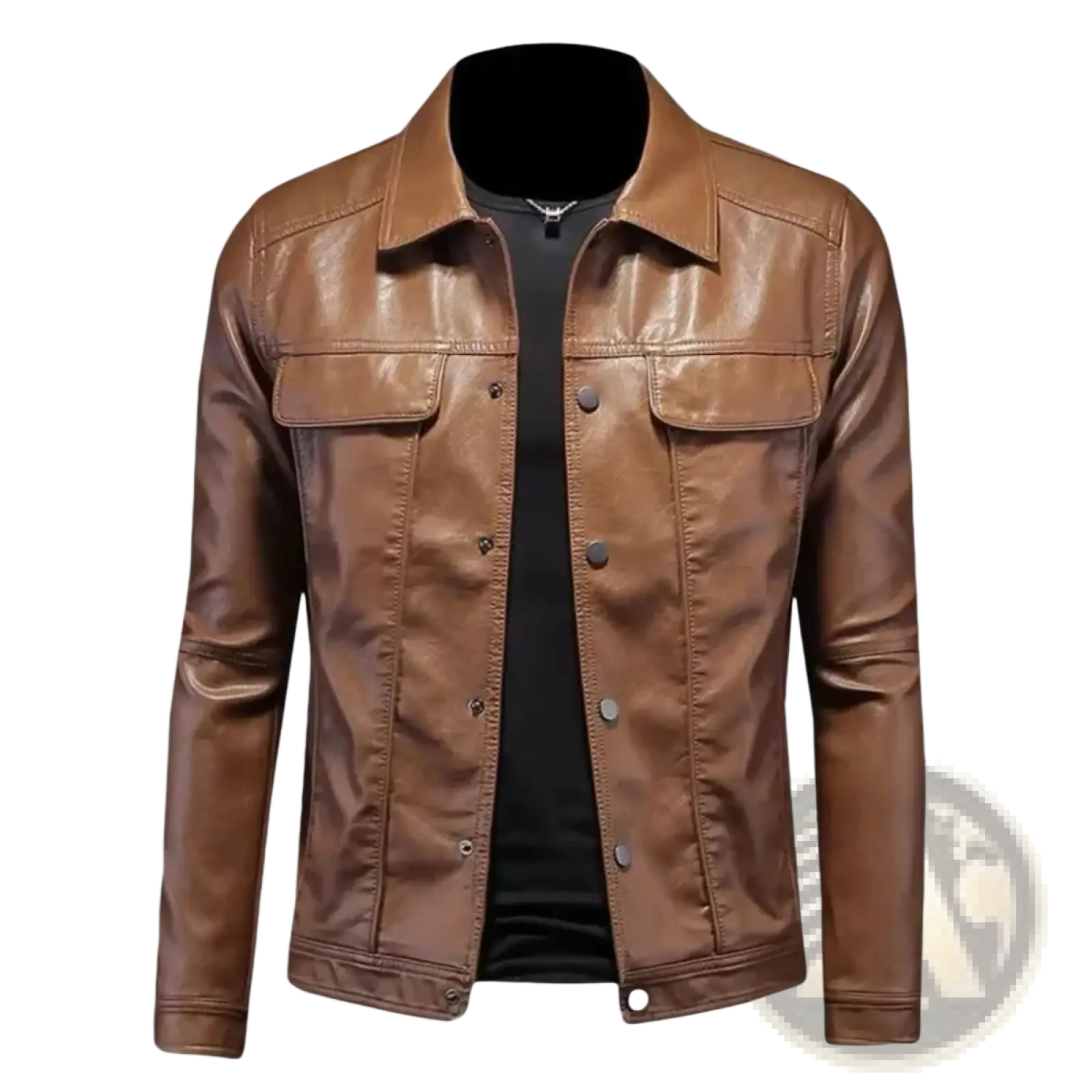 Men’s slim fit brown leather utility jacket with classic button front and two chest pockets in denim style