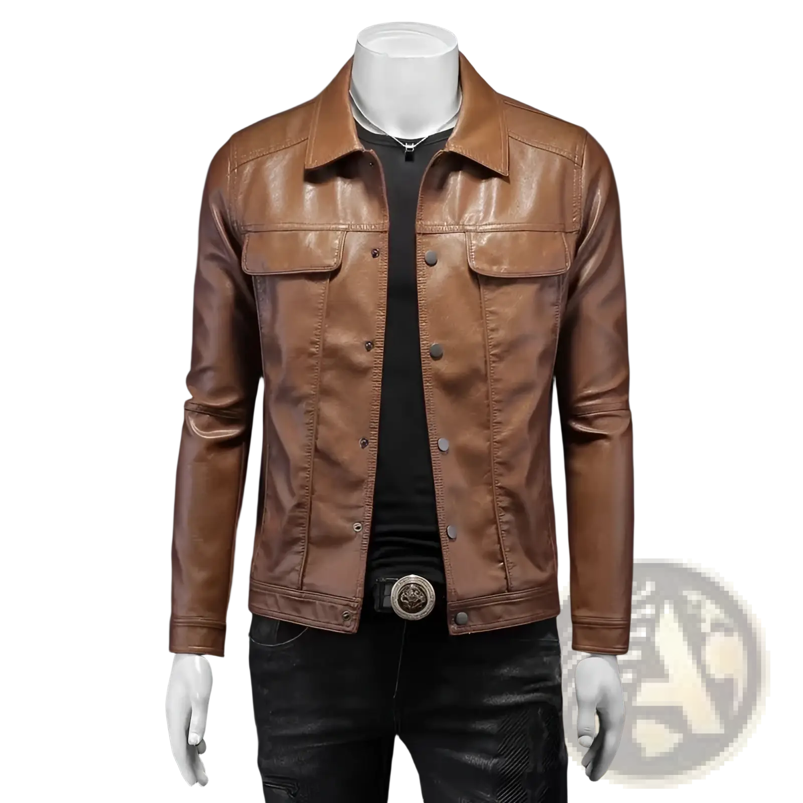 Men’s slim fit brown leather jacket featuring a classic denim-style design with front button closure