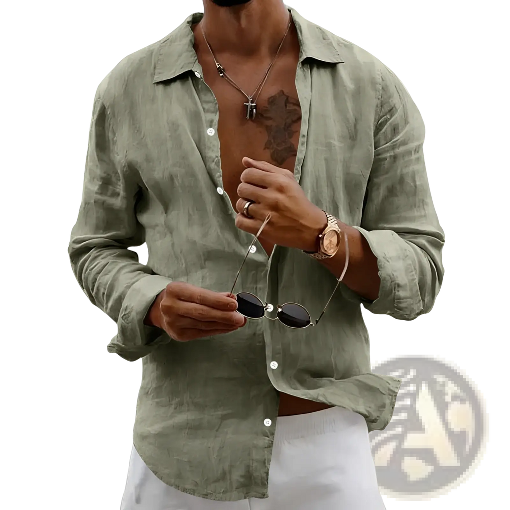 Men’s slim fit olive green linen blend long sleeve shirt with relaxed fit and subtle texture for casual wear
