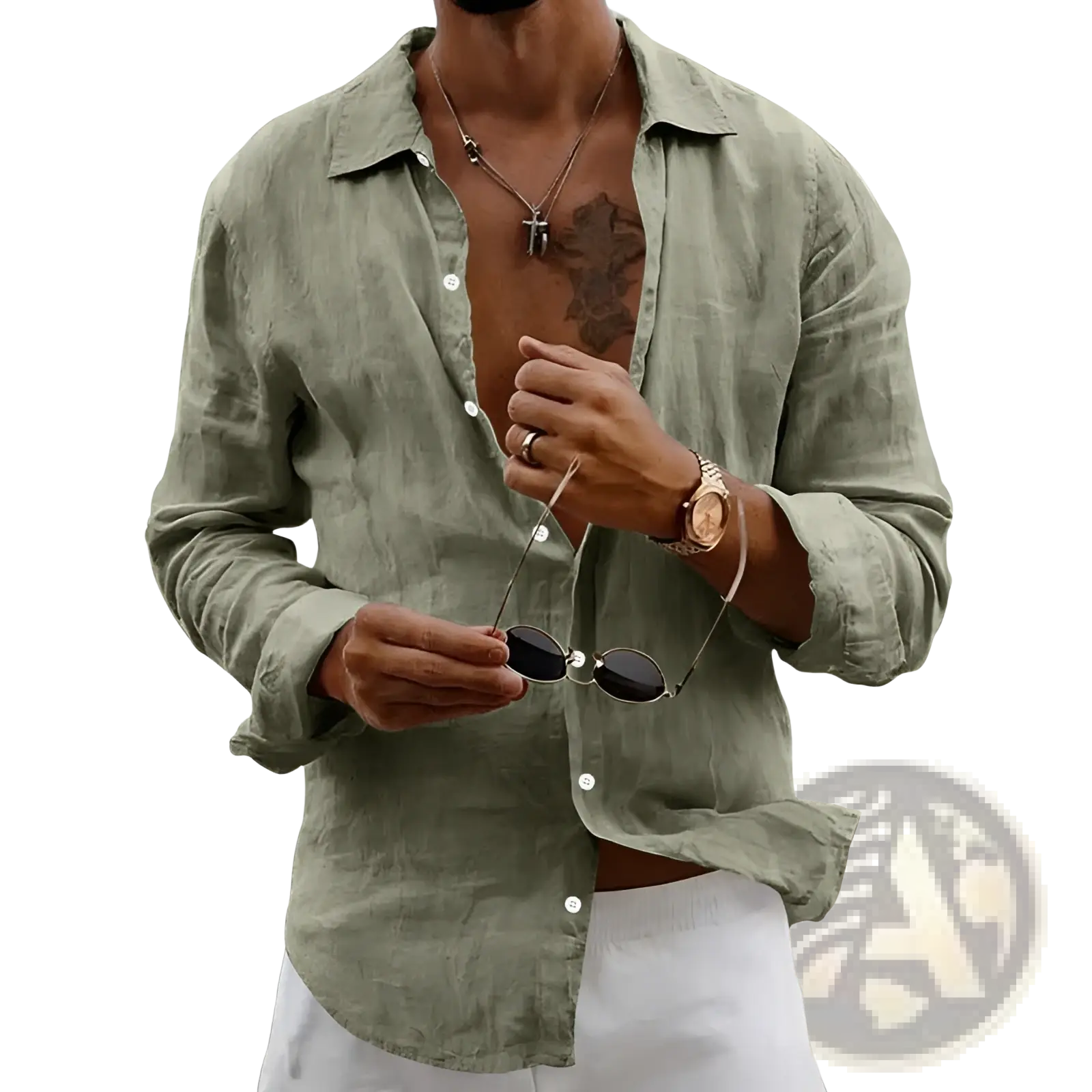 Men’s slim fit olive green linen blend long sleeve shirt with relaxed fit and subtle texture for casual wear