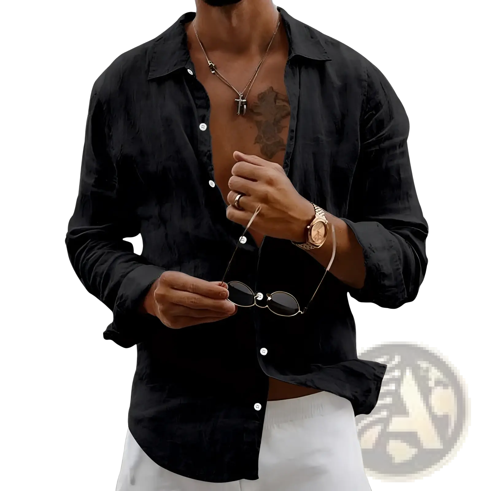 Men’s slim fit long sleeve black linen blend casual shirt with subtle textured weave and white buttons