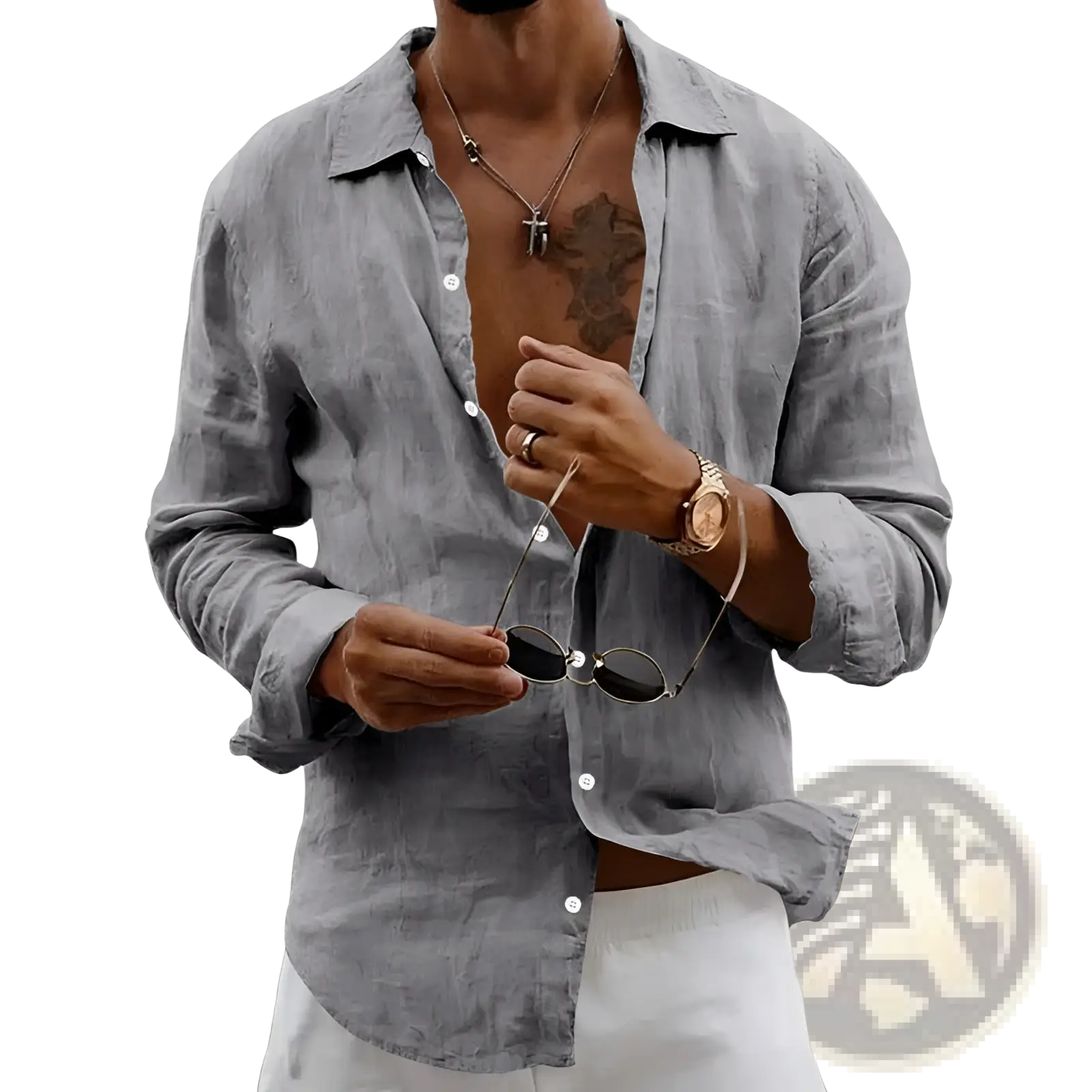 Men’s slim fit gray linen blend long sleeve casual shirt with a relaxed fit and subtle texture