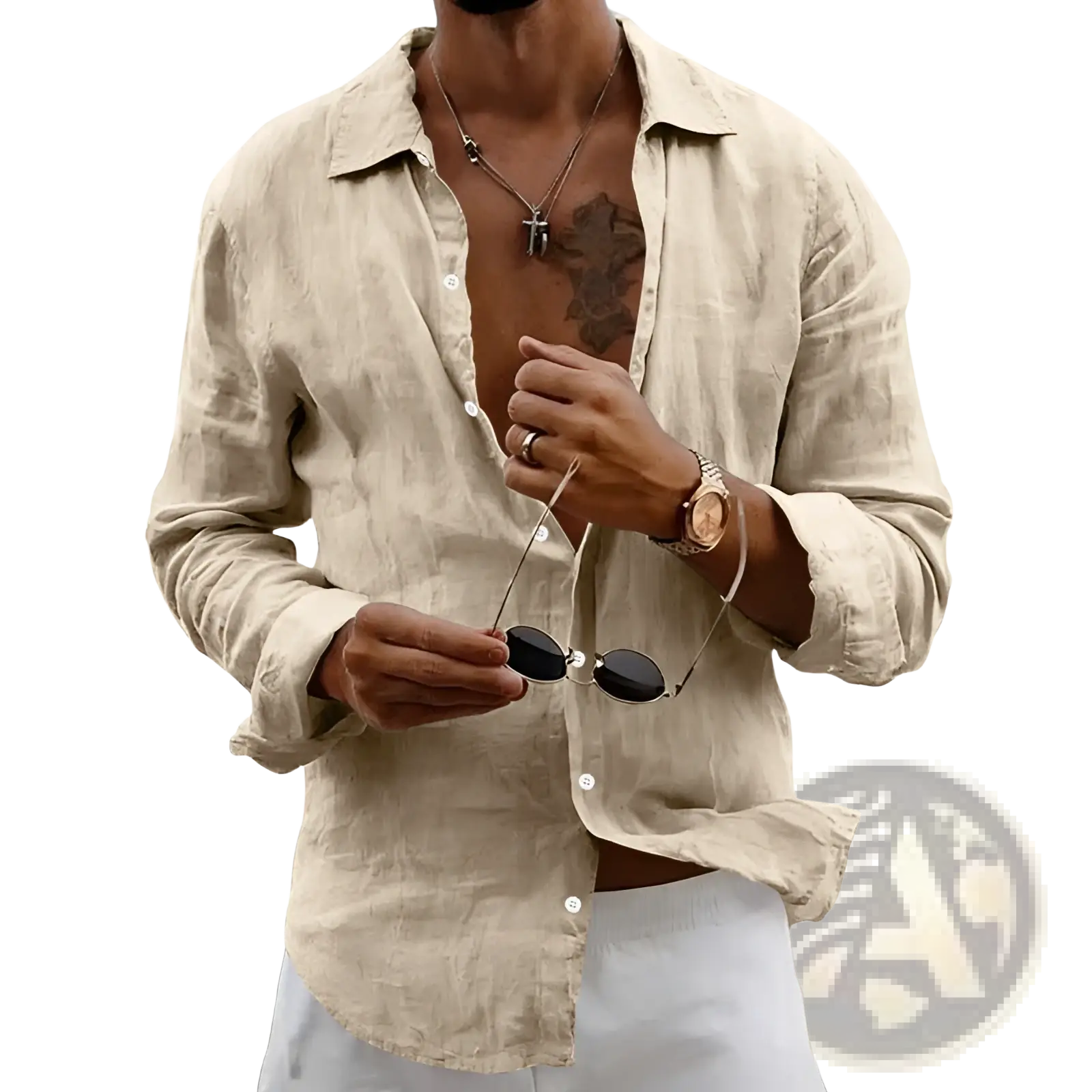 Men’s slim fit beige linen blend long sleeve casual shirt with relaxed texture and classic collar