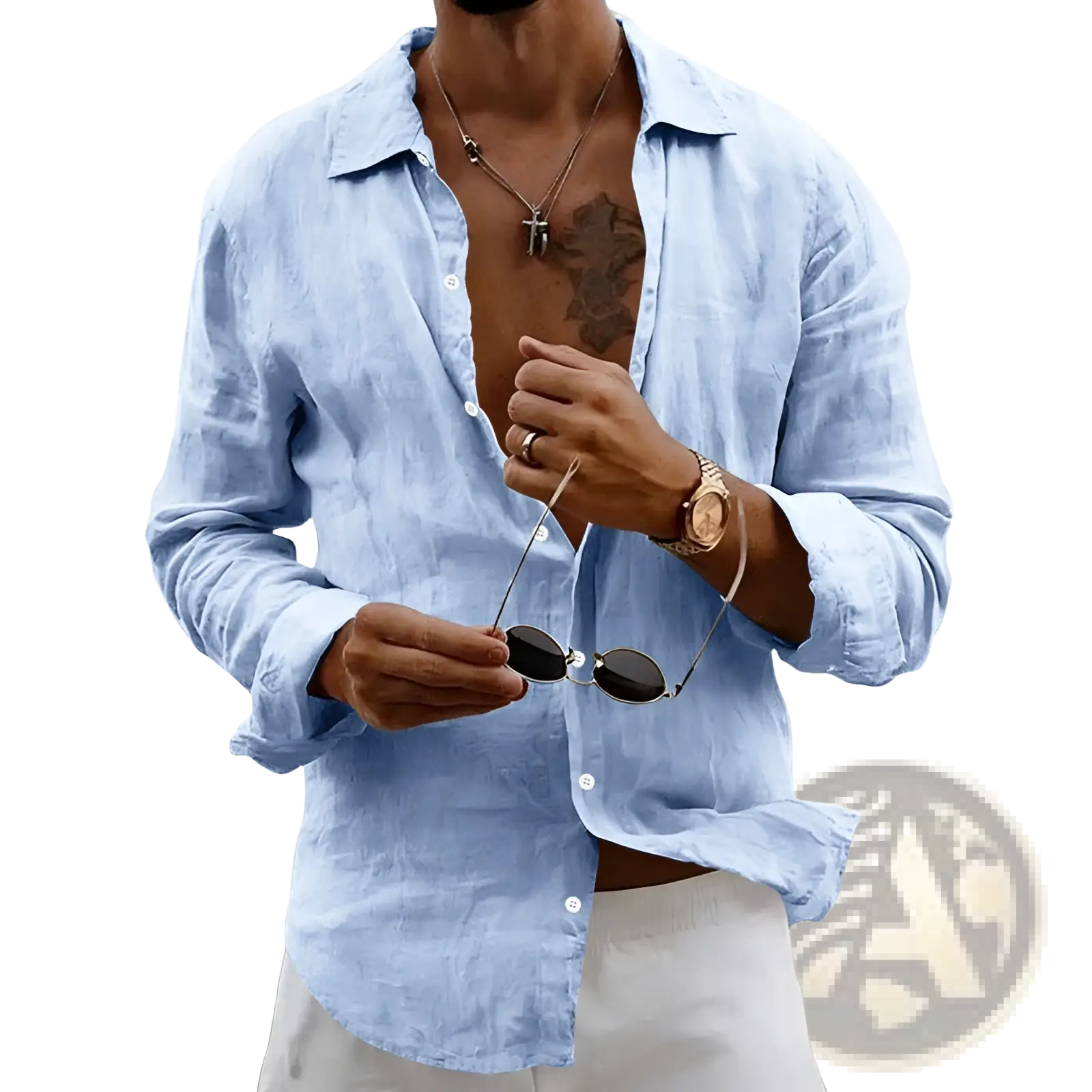 Men’s light blue slim fit linen blend long sleeve casual shirt with relaxed fit and subtle texture