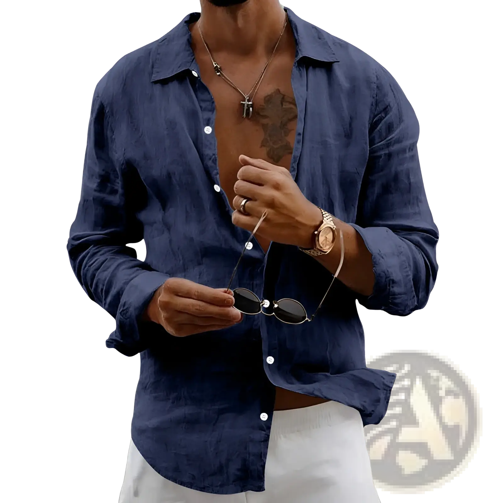 Men’s slim fit navy blue linen blend long sleeve casual shirt with relaxed fit and subtle texture