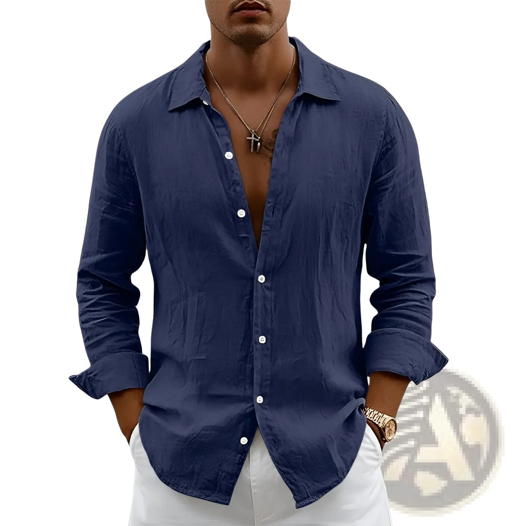 Men’s navy blue slim fit linen blend long sleeve casual shirt with rolled cuffs and subtle textured fabric