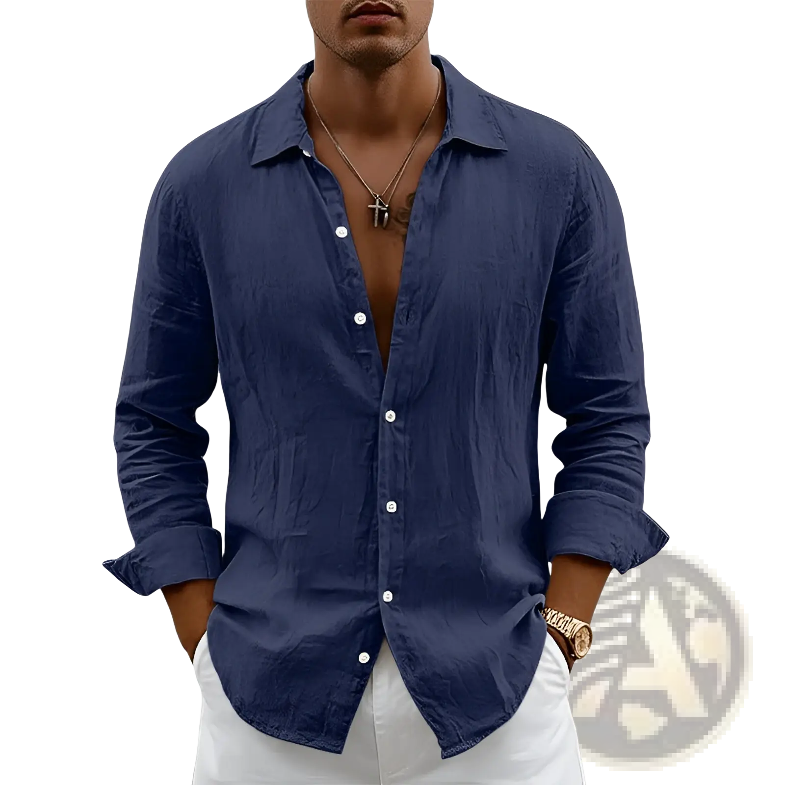Men’s navy blue slim fit linen blend long sleeve casual shirt with rolled cuffs and subtle textured fabric