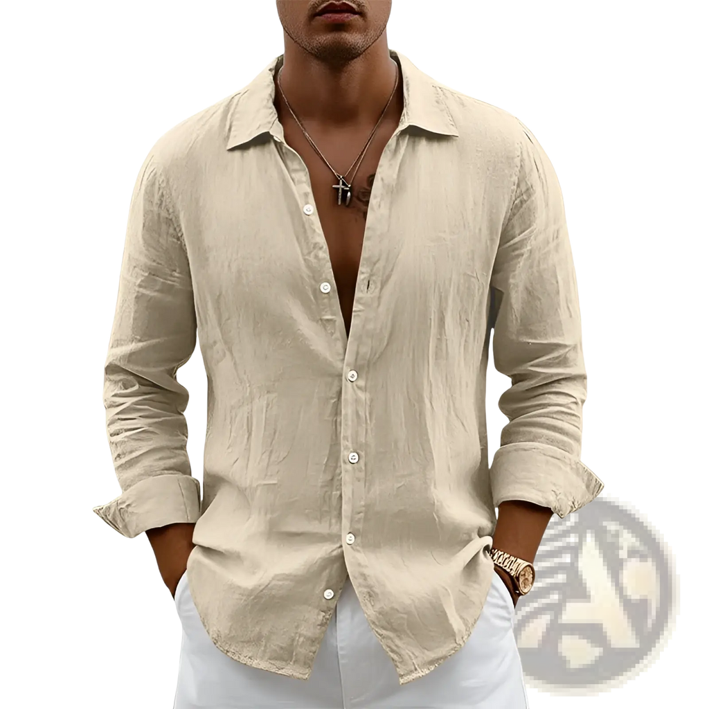 Men’s slim fit beige linen blend long sleeve casual shirt with button-down front and rolled-up sleeves