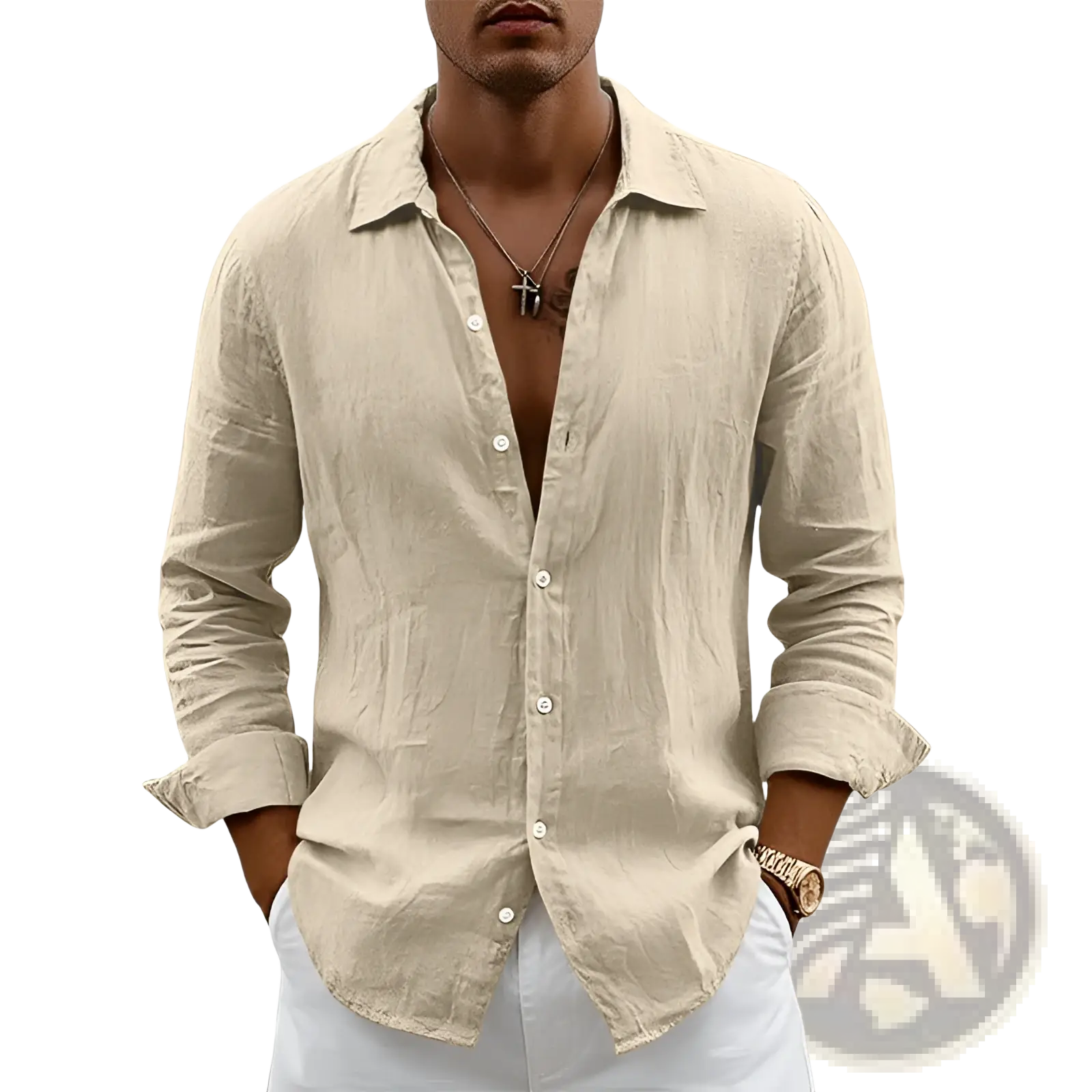 Men’s slim fit beige linen blend long sleeve casual shirt with button-down front and rolled-up sleeves