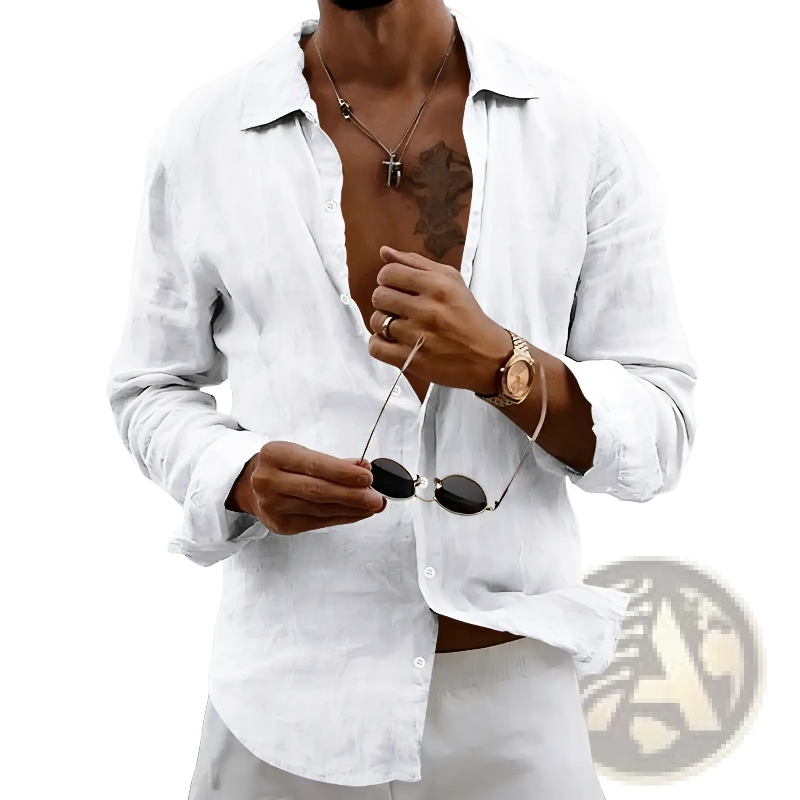 Men’s slim fit long sleeve casual shirt in white linen blend with relaxed fit and slightly wrinkled texture
