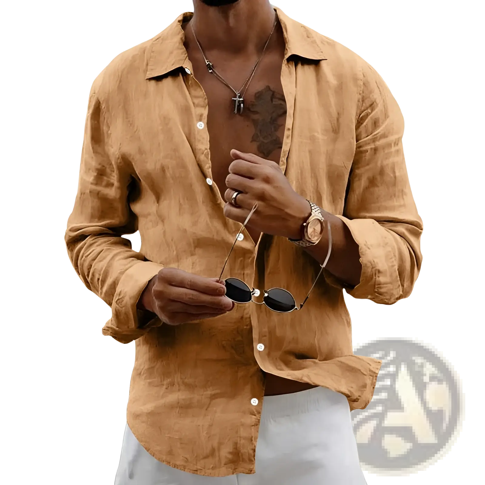 A man wearing a tan slim fit linen blend long sleeve casual shirt with collar and white buttons