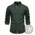 Men’s slim fit linen blend dark green long-sleeved shirt with mandarin collar and red and white striped trim on placket