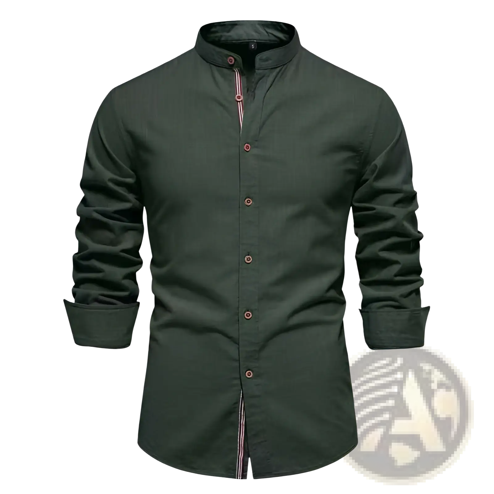 Men’s slim fit linen blend dark green long-sleeved shirt with mandarin collar and red and white striped trim on placket