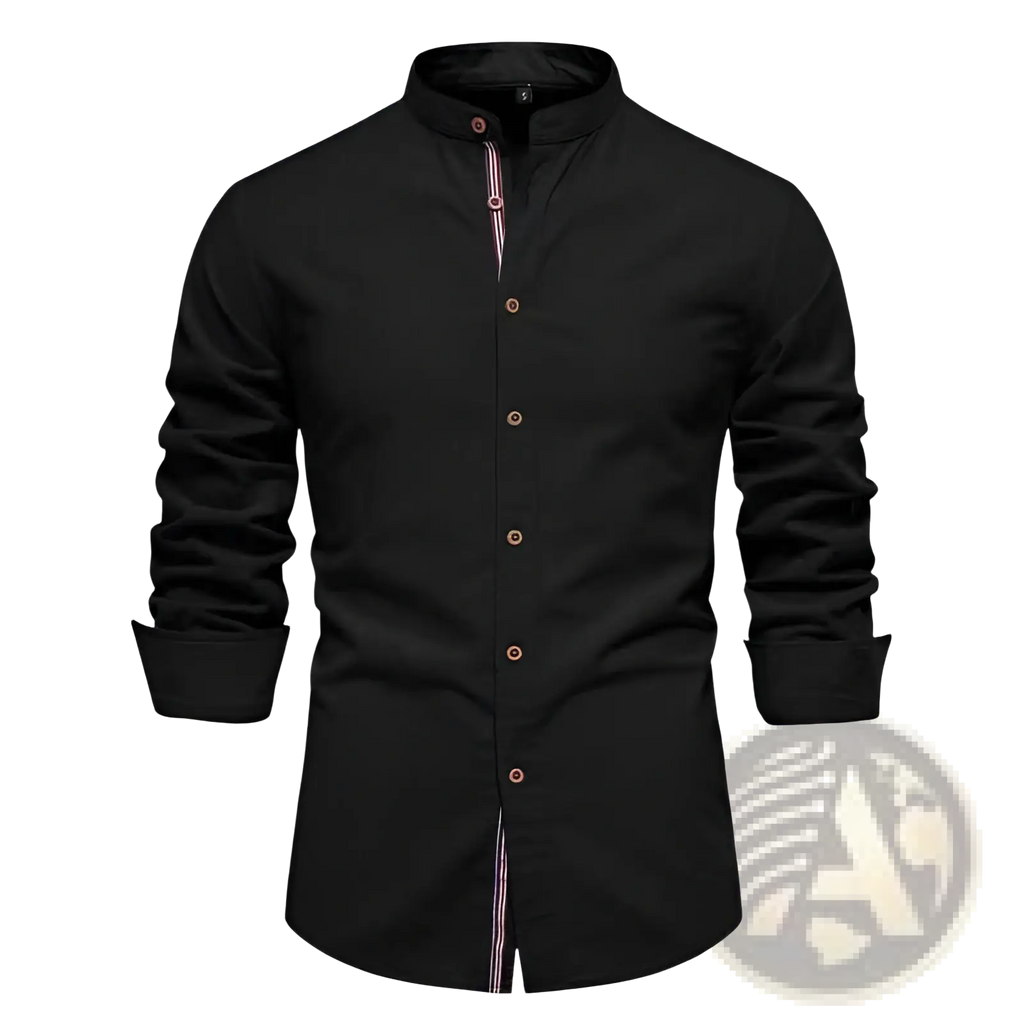 Men’s slim fit black linen blend long-sleeved shirt with mandarin collar and pink white striped trim on placket and cuffs