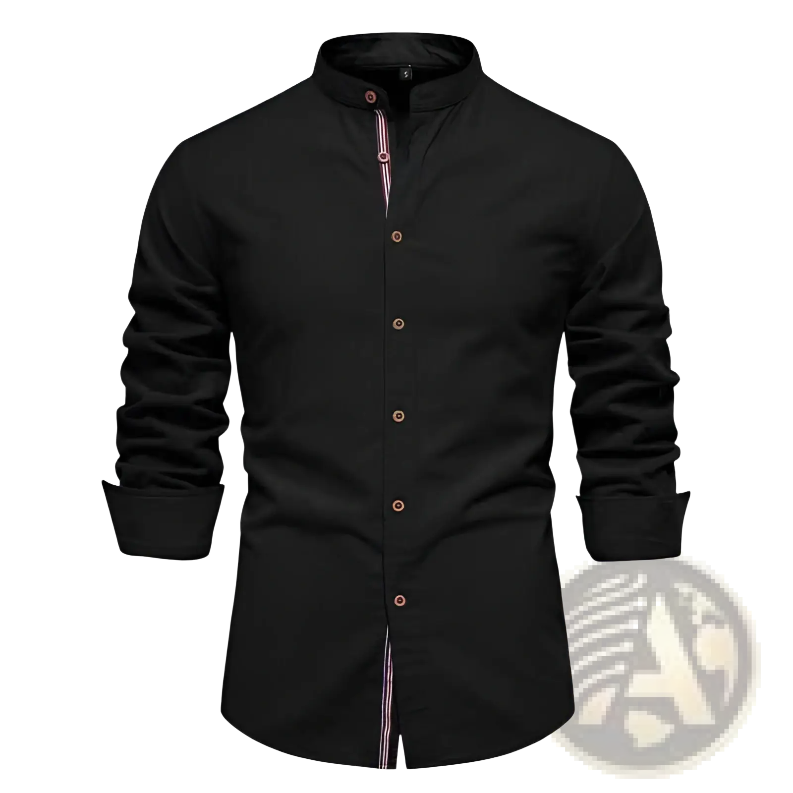 Men’s slim fit black linen blend long-sleeved shirt with mandarin collar and pink white striped trim on placket and cuffs