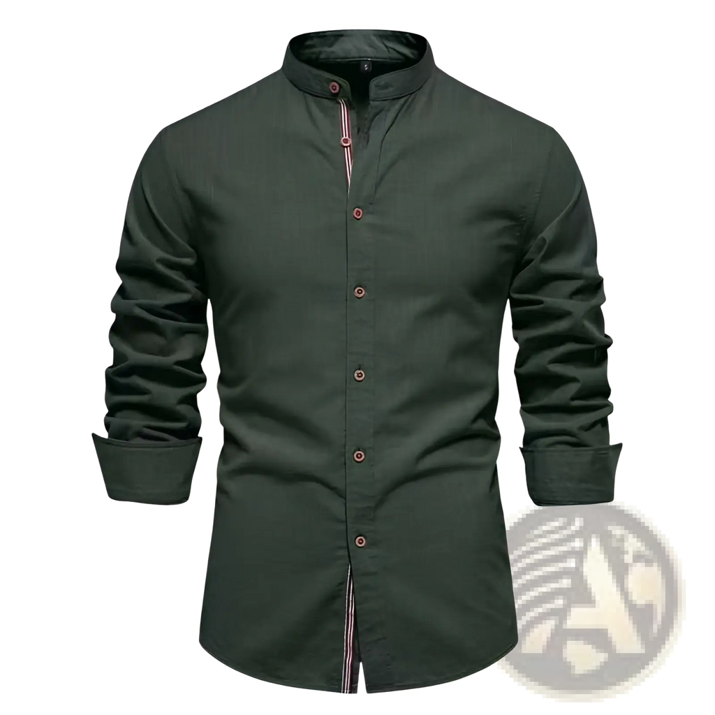 Men’s slim fit linen blend mandarin collar shirt in dark green with red and white striped trim along the placket