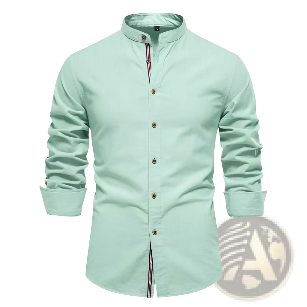 Men’s slim fit linen blend long-sleeved shirt in light mint green with mandarin collar and red and white striped placket details