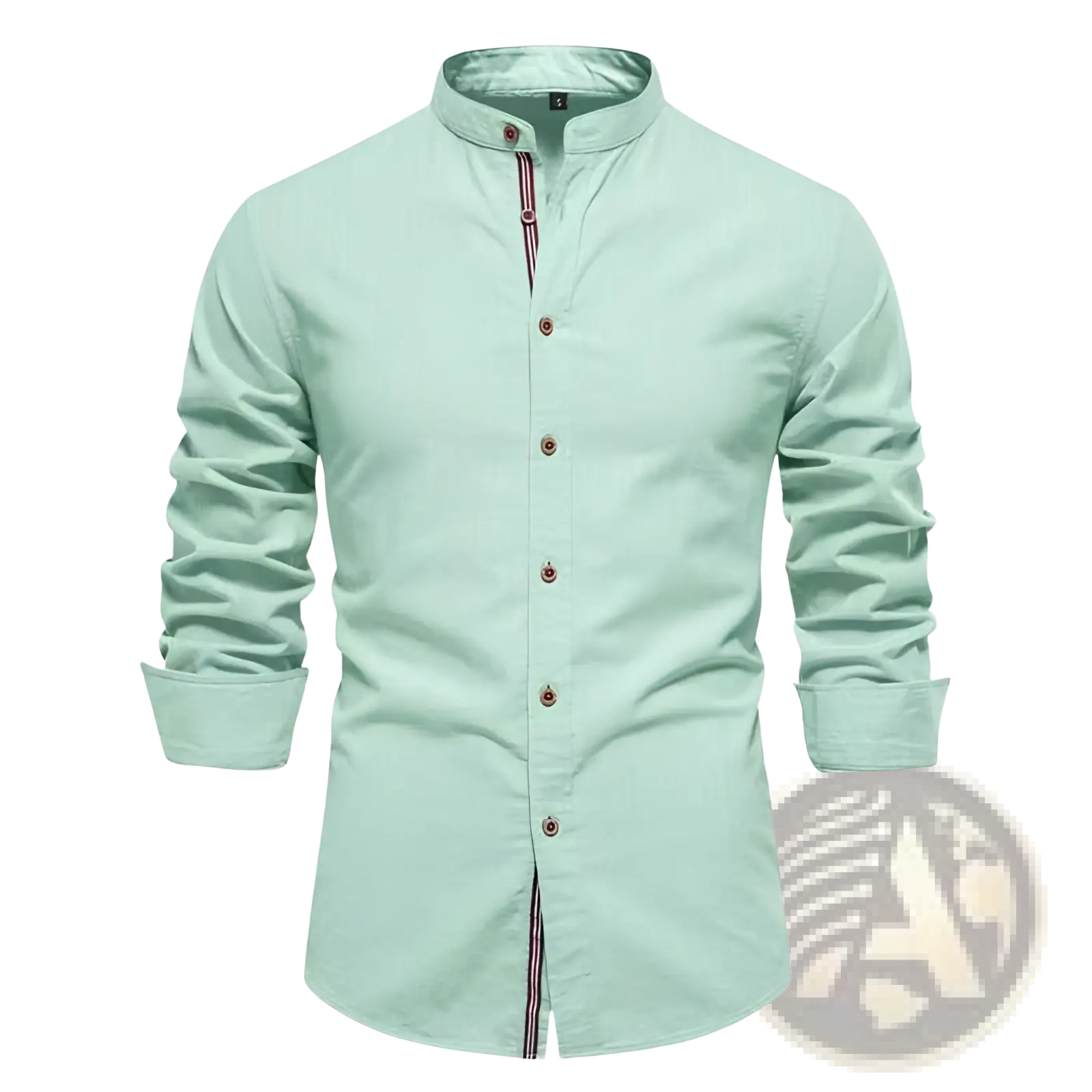 Men’s slim fit linen blend long-sleeved shirt in light mint green with mandarin collar and red and white striped placket details