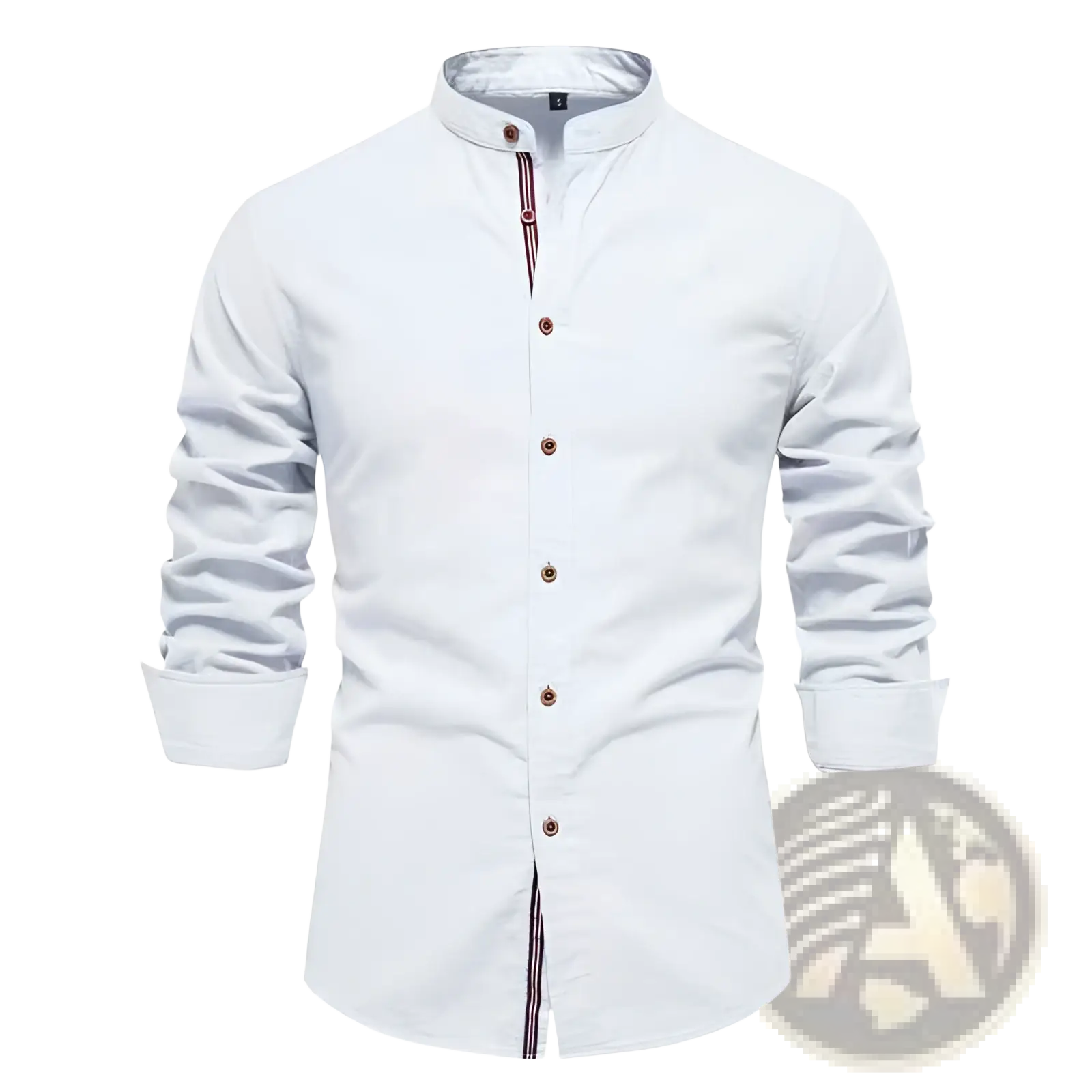 Men’s slim fit linen blend white stand collar shirt with brown buttons and striped trim along the placket